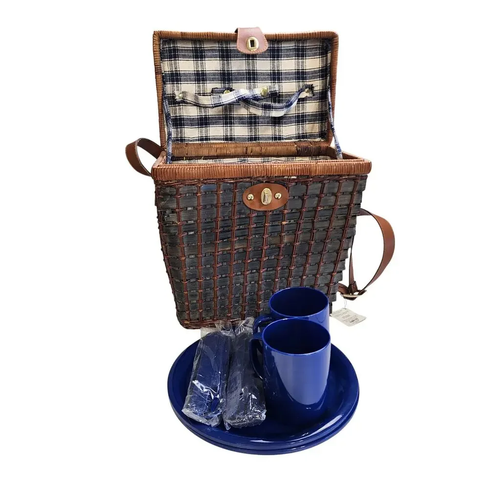Pier 1 Vintage Wicker Rattan Picnic Basket Service for Two Plaid Lined‎ Utensils